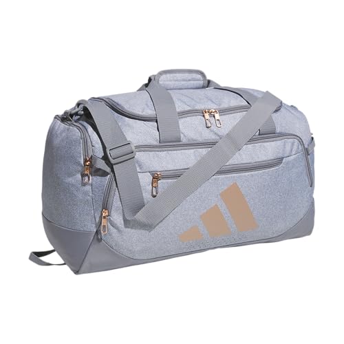 adidas Defender 5.0 Duffel, Durable Travel Gym Sports Bag for Men and Women, Twill Grey/Rose Gold, Small (42L)