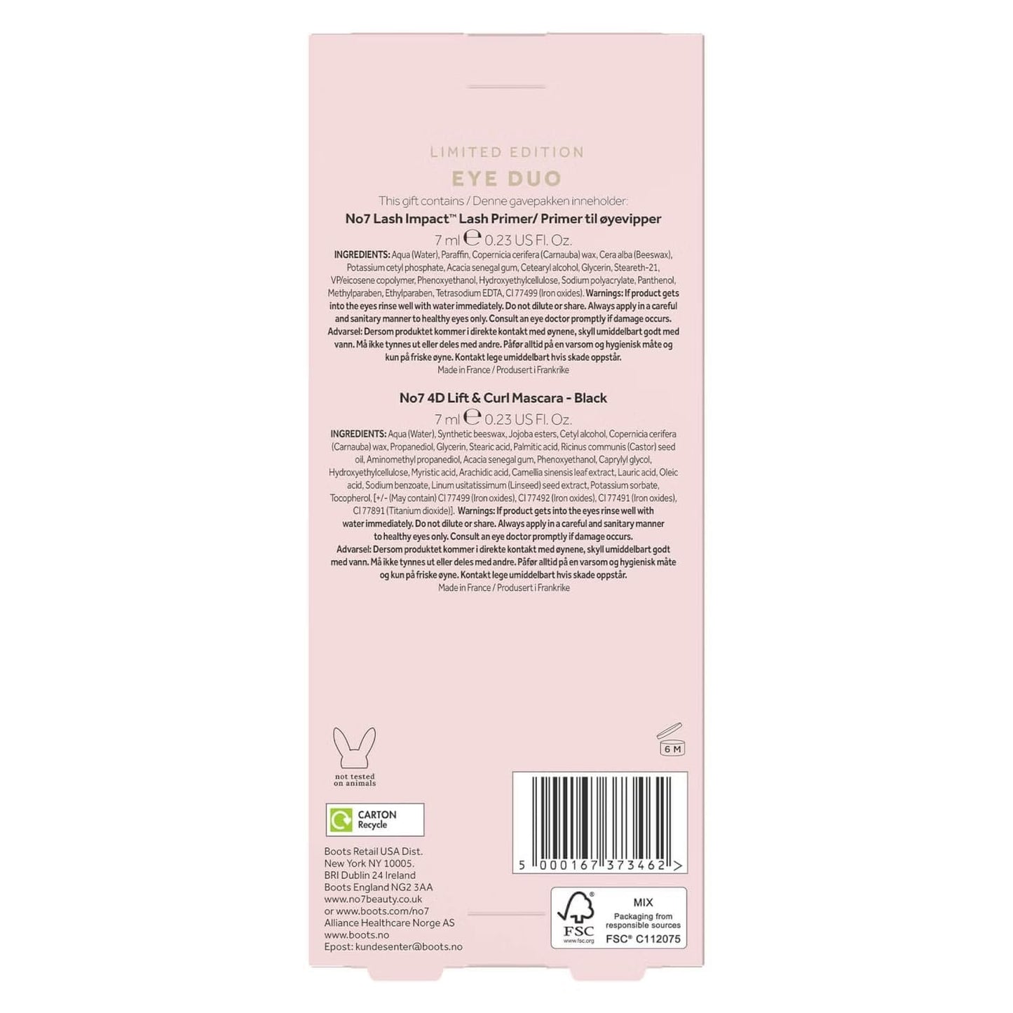 No7 4D Lift and Curl Mascara with Lash Impact Lash Primer Eye Duo, 1 Fl Oz (Pack of 1), Black