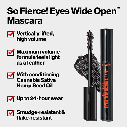Revlon So Fierce Eyes Wide Open Mascara with Push-up Brush, For Volumizing & High Lifting Eyelashes, Smudge-proof, Flake Resistant, 101 Blackest Black, 0.24 fl oz