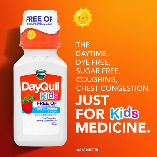 Vicks Kids DayQuil & NyQuil Cold & Cough Relief Liquid Co-Pack, Free of Artificial Dyes & Sugar, Multi-Symptom Relief of Cough, Sneezing, Runny Nose, Mucus, and Chest Congestion, for Ages 6+, 2x6oz