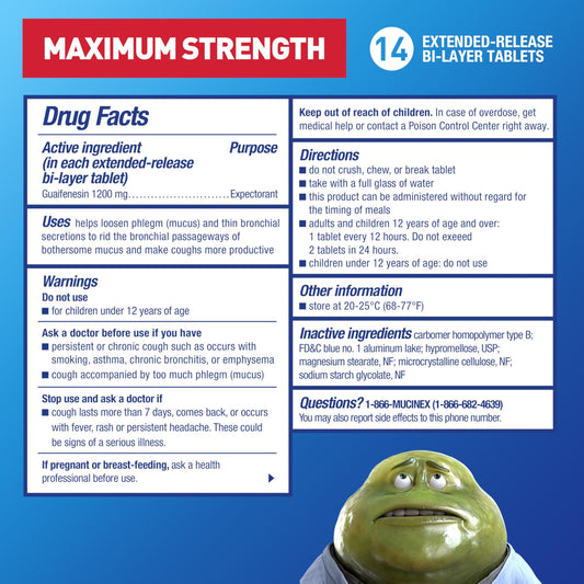 Chest Congestion, Mucinex Maximum Strength 12 Hour Release Tablets, 14ct, 1200 mg Guaifenesin with Extended Relief of Chest Congestion Caused by Excess Mucus, Thins and loosens Mucus