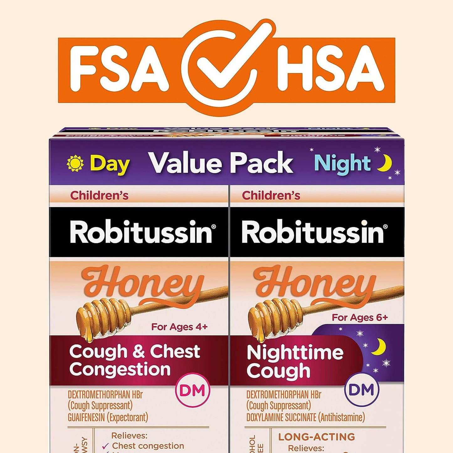 Robitussin Children’s Honey Cough and Chest Congestion DM and Children's Robitussin Honey Nighttime Cough DM, Value Pack of Children's Cough Medicine - 2 x 4 Fl Oz Bottles