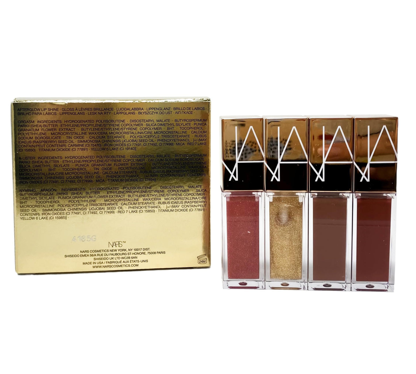 NARS Special Edition Mini Afterglow Lip Shine 4 Piece Set - Orgasm - A-Lister - Nympho - Aragon - 0.11 oz / 3.7 mL each