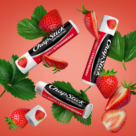 ChapStick Classic (1 Carded Pack of 3 Sticks) Strawberry Flavor Skin Protectant Flavored Lip Balm Tube, 0.15 Ounce Each