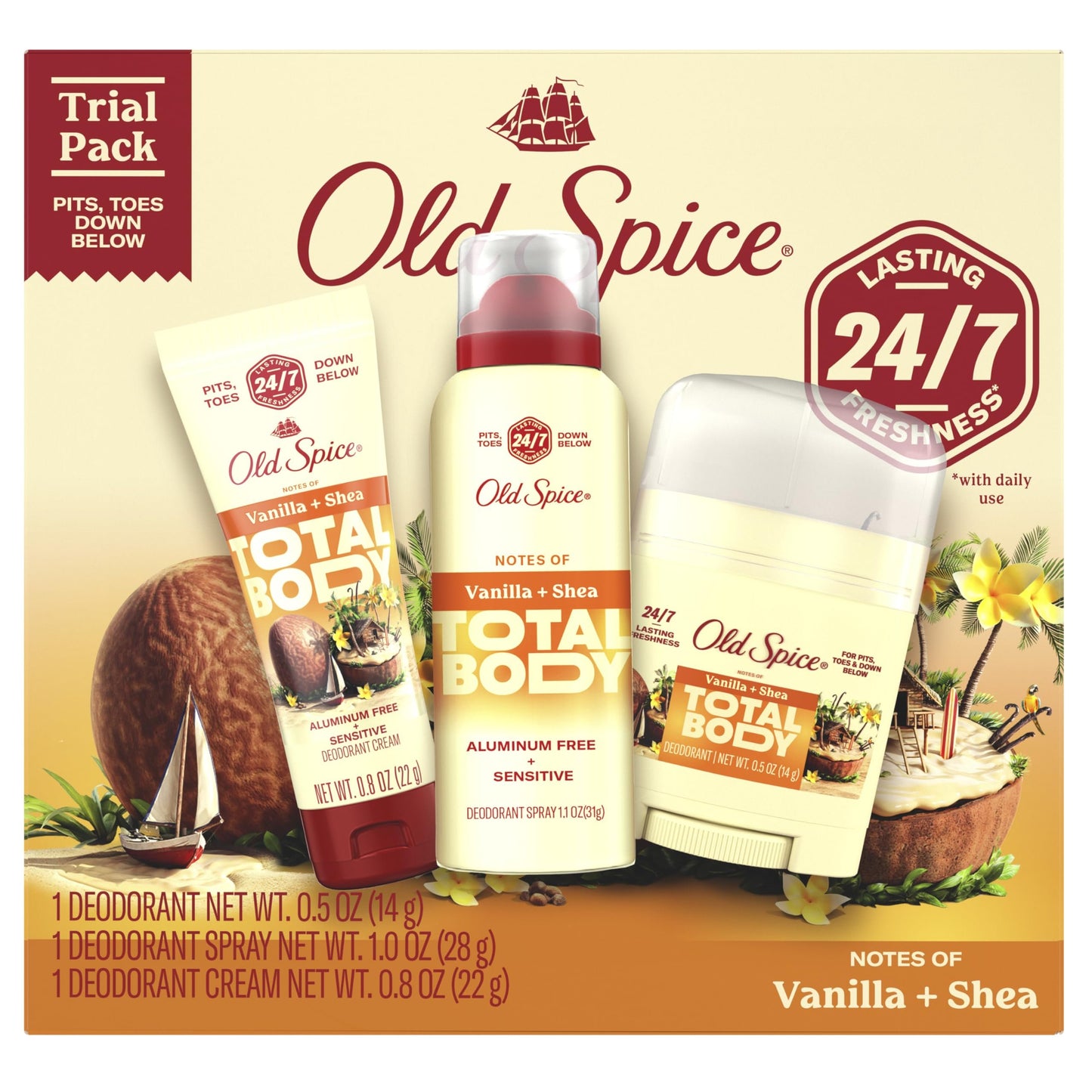 Old Spice Whole Body Deodorant for Men, Total Body Deodorant, Vanilla + Shea, Aluminum Free Trial Pack for 24/7 Freshness, Dermatologist Tested Whole Body Odor Protection, Sensitive 3-pack