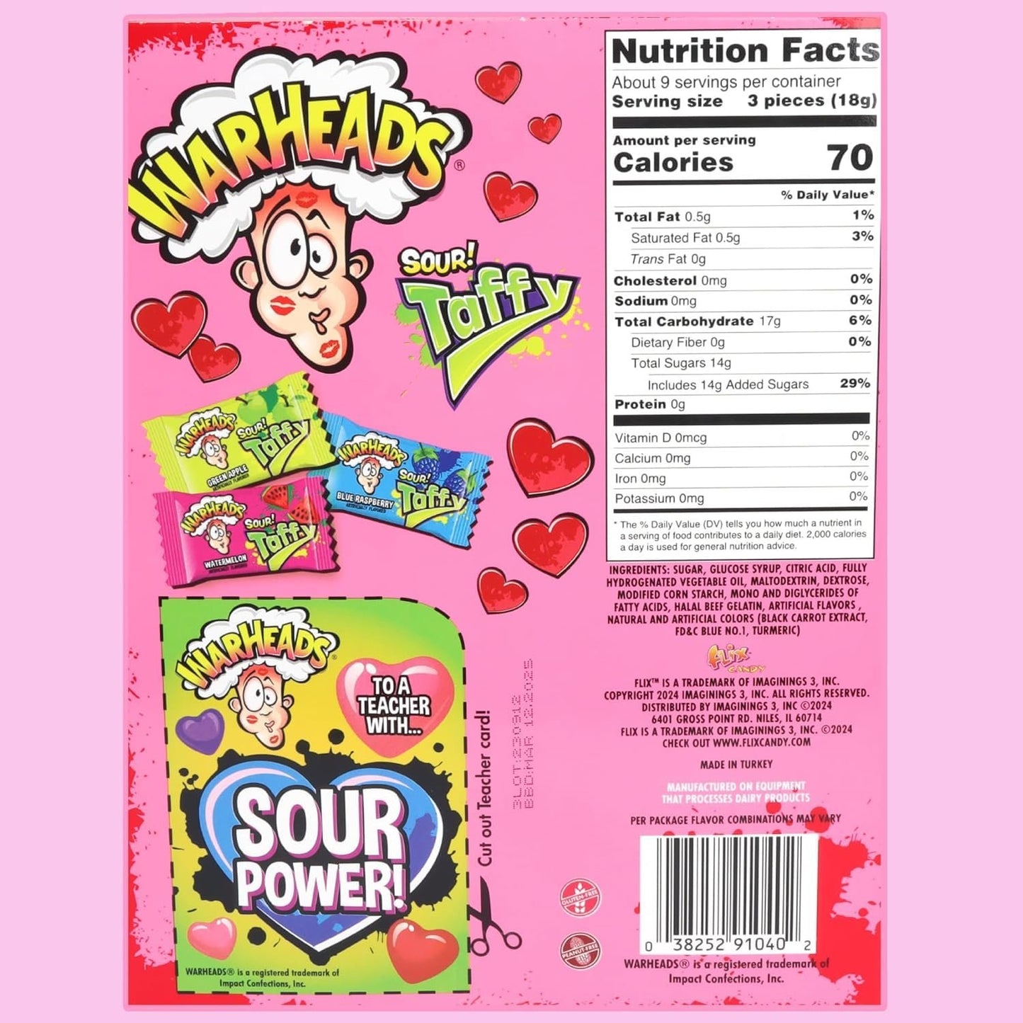 Imaginings 3 Warheads Valentines Exchange Kit, Sweet and Sour Candy Handouts for Classroom Parties, 28 Count Taffy and Cards, 5.92 Ounces