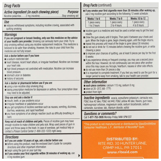 Rite Aid Nicotine Gum, 2mg, Fruit Flavor - 100 Pieces | Quit Smoking Aid | Nicotine Replacement Gum | Stop Smoking Aids That Work | Chewing Gum Packs to Help You Quit Smoking | Coated Nicotine Gum 2mg