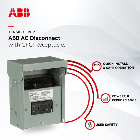 ABB TFN60RGFRCP 60A AC GFCI Disconnect • Disconnect Switch • A/C Type • Pull Out • 60A, 240V AC • GFCI Receptacle • NEMA 3R • Metal