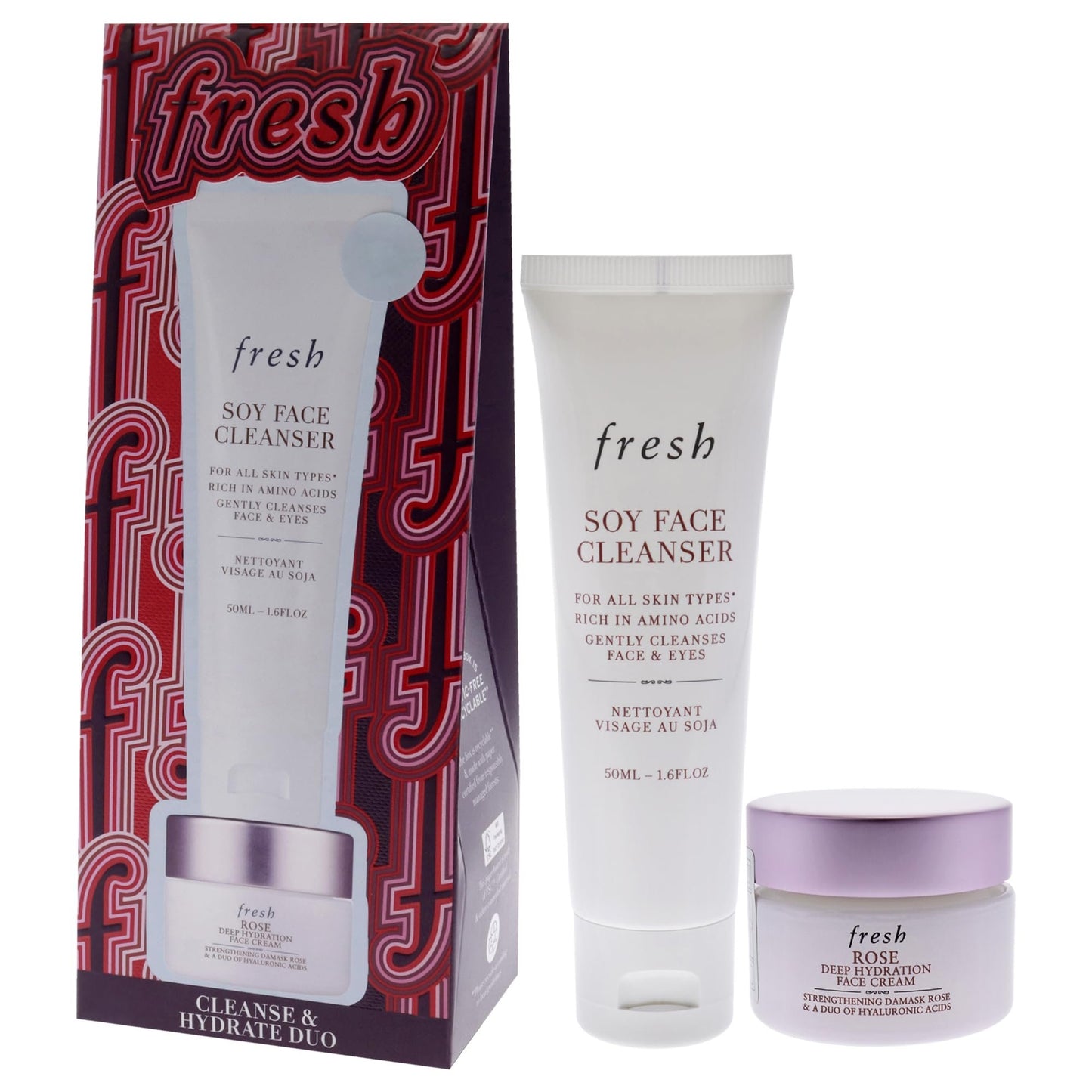 Fresh Cleanse And Hydrate Kit for Women - 2 Pc 0.5oz Rose And Hyaluronic Acid Deep Hydration Moisturizer, 1.6oz Soy Hydrating Gentle Face Cleanser