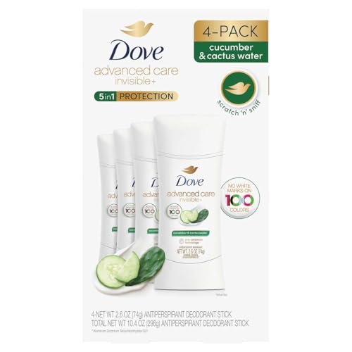 Dove Advanced Care Invisible+ Antiperspirant Deodorant Stick, Cucumber and Cactus Water, 2.6 oz, 4 ct
