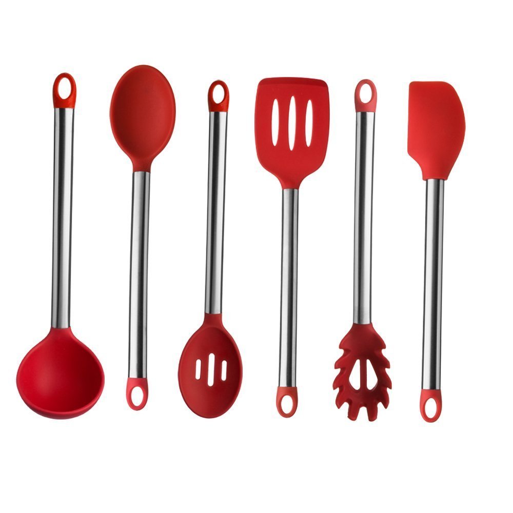 Culinary Edge 6 Piece Silicone and Stainless Steel Utensil Set, Red
