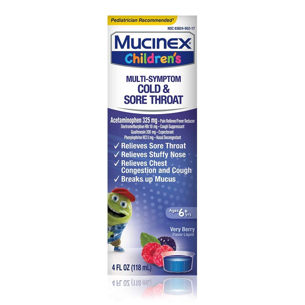 Mucinex Children's Cold, Cough and Sore Throat Liquid Medicine, Mixed Berry, 4 oz