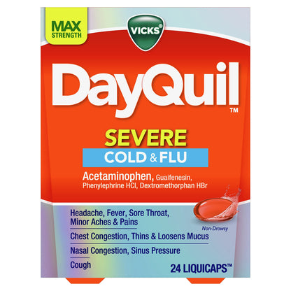 Vicks DayQuil Severe Cold, Flu & Congestion Medicine, Liquicaps, Maximum Strength Orange, 24 Count
