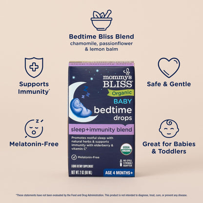 Mommy's Bliss Organic Baby Bedtime Drops + Overnight Immunity Support*, Promotes Restful Night, Melatonin Free, Age 4 Month+, 2 Fl Oz