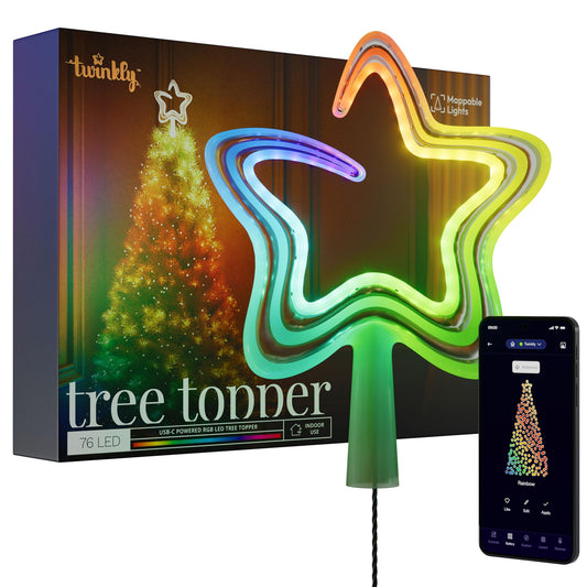 Twinkly Tree Topper, Bright Christmas Tree Topper, Star Topper with 76 Mappable RGB LEDs, USB Type C, Smart Multicolor LED Lights, Compatible with Alexa and Google Home, App Mapping