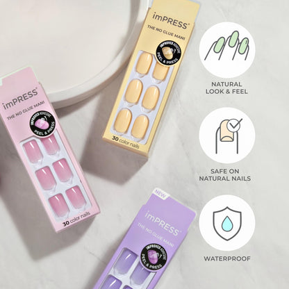 KISS imPRESS No Glue Mani Press On Nails, , 'Serendipity', Pink, Medium Size, Coffin Shape, Includes 30 Nails, Prep Pad, Instructions Sheet, 1 Manicure Stick, 1 Mini File