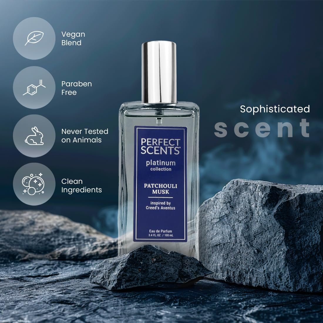 Perfect Scents Fragrances | Inspired by Creed’s Aventus | Platinum Collection | Patchouli Musk | Men’s Eau de Parfum | CLEAN, Vegan, Paraben & Phthalate Free | Never Tested on Animals | 3.4 Fl Oz
