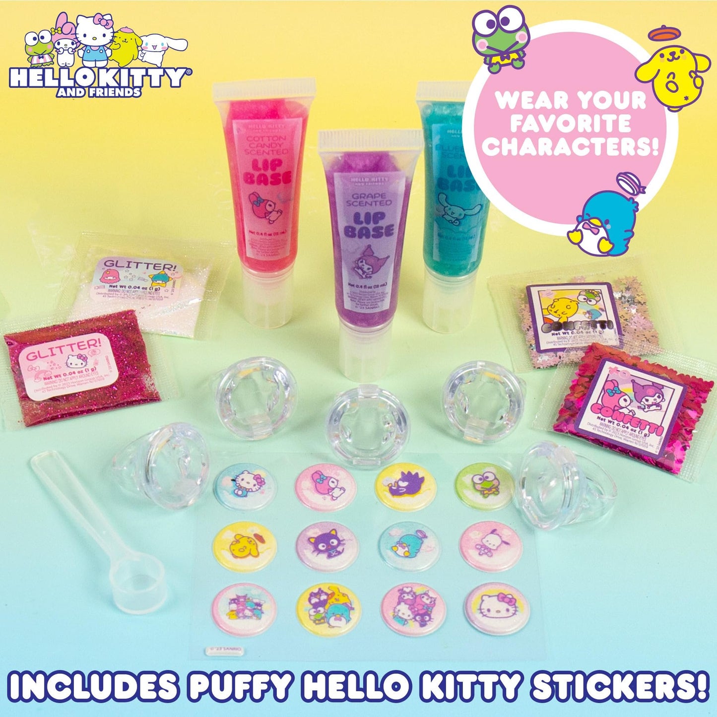 Horizon Group USA Sanrio Hello Kitty and Friends Shimmer Lip Gloss Making Kit, Makes 5 Hello Kitty Glitter Lip Gloss Rings, DIY Hello Kitty Lip Gloss Kit, Great Birthday Gift for Ages 6+