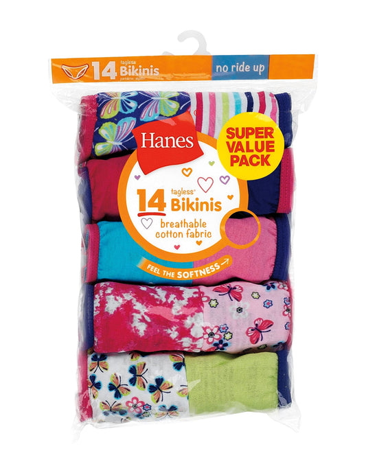 Hanes Girls 14-Pack Tagless Assorted Prints & Solids No Ride Up Bikinis