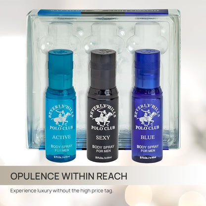 Beverly Hills Polo Club Men's Body Spray Collection Gift Set Featuring Luxury Designer Cologne Scents for Long Lasting Freshness BHPC 3 oz 3 Count
