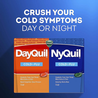 Vicks DayQuil and NyQuil Combo Pack, Cold & Flu Medicine, Powerful Multi-Symptom Daytime and Nighttime Relief for Headache, Fever, Sore Throat, Cough, 24 Count, 16 DayQuil, 8 NyQuil Liquicaps
