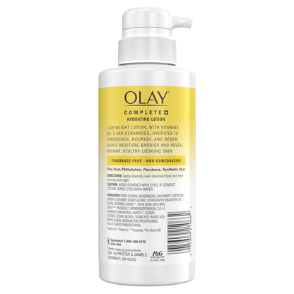 Olay Complete+ Hydrating Lotion Fragrance-Free, 10.1 FL OZ, 3-in-1 Nourishing Face Moisturizer for All Skin Types with Vitamin B3, Vitamin E, and Ceramides