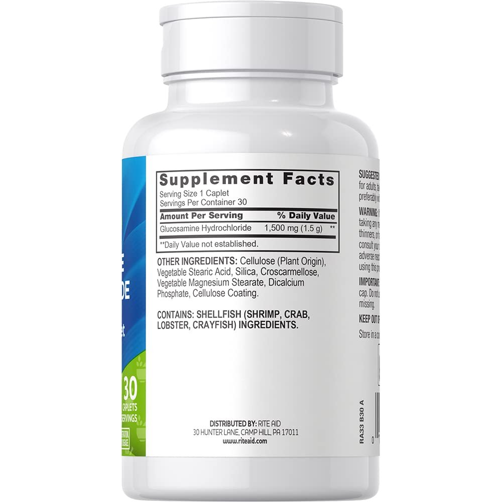 Rite Aid Glucosamine Hydrochloride Caplet - Joint Support Supplement, Antioxidant Properties, Helps with Inflammatory Response, Occasional Discomfort Relief for Back, Knees & Hands