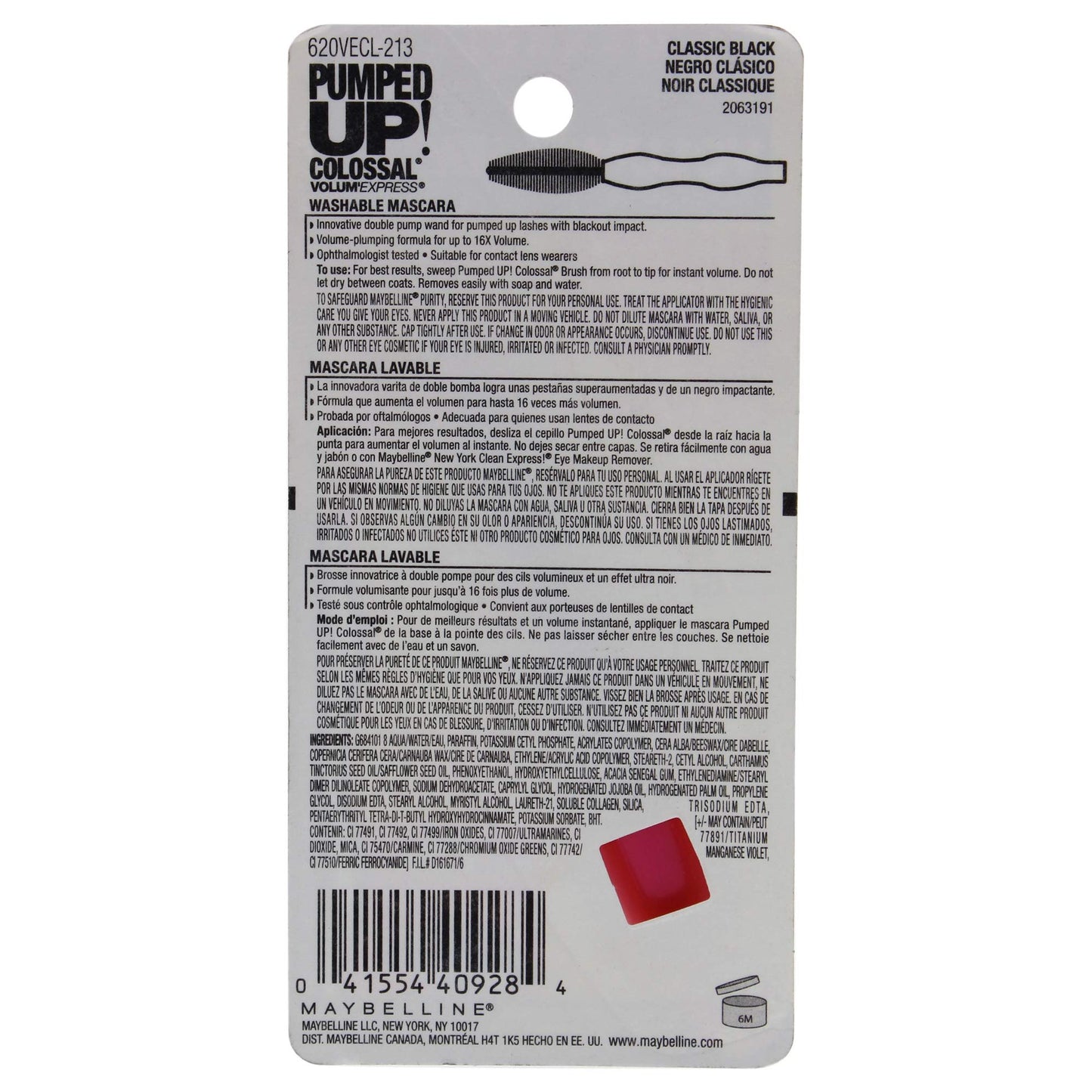 Maybelline Volum' Express Pumped Up Colossal Mascara, Washable Formula Infused with Collagen for Up To 16x Lash Volume, Classic Black, 1 Count