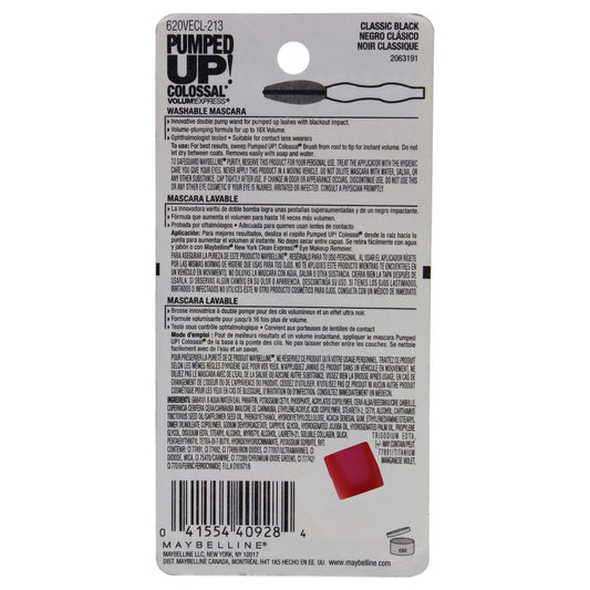 Maybelline Volum' Express Pumped Up Colossal Mascara, Washable Formula Infused with Collagen for Up To 16x Lash Volume, Classic Black, 1 Count