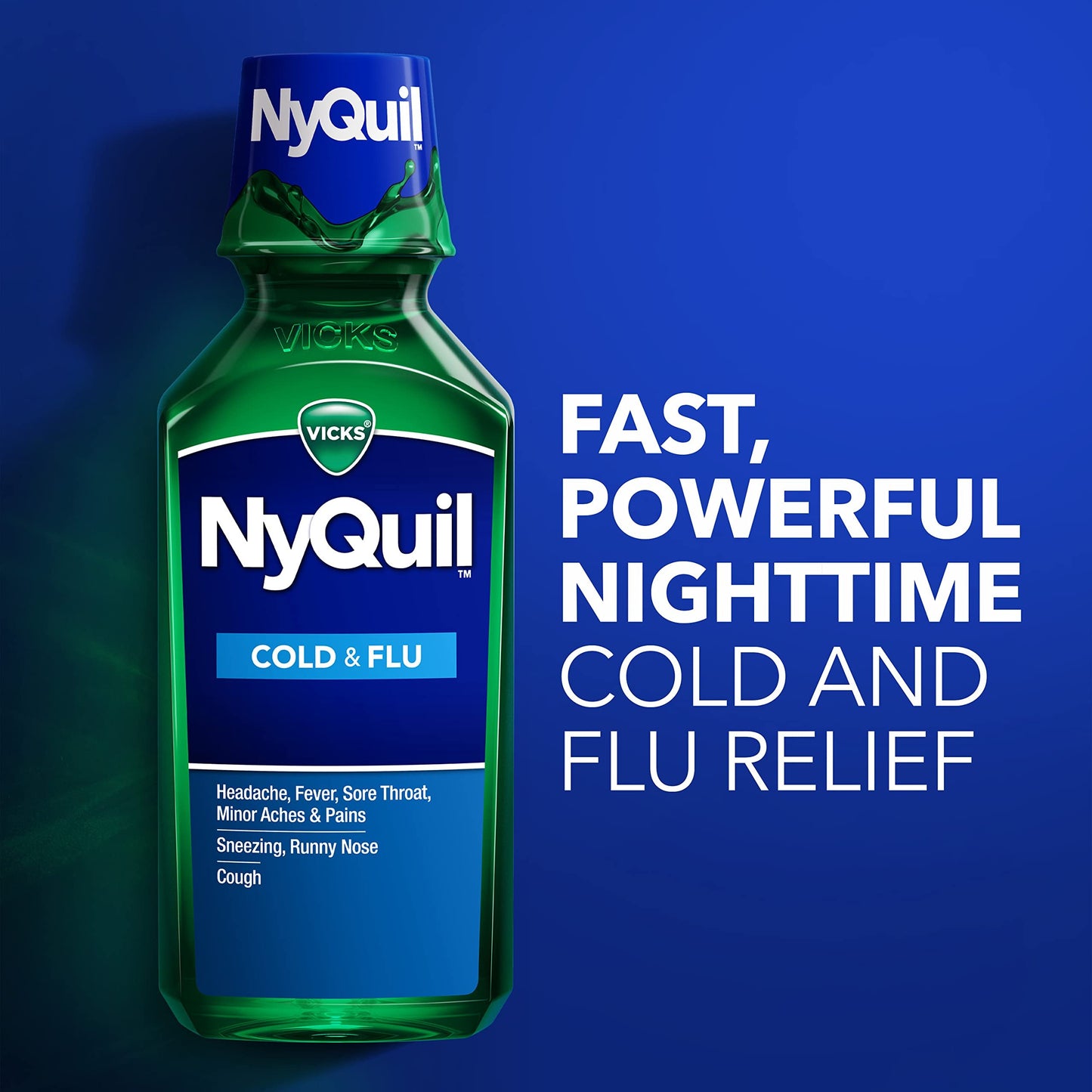 Vicks NyQuil, Nighttime Cold & Flu Symptom Relief, Relives Aches, Fever, Sore Throat, Sneezing, Runny Nose, Cough, 12 Fl Oz, Original Flavor