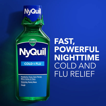 Vicks NyQuil, Nighttime Cold & Flu Symptom Relief, Relives Aches, Fever, Sore Throat, Sneezing, Runny Nose, Cough, 12 Fl Oz, Original Flavor