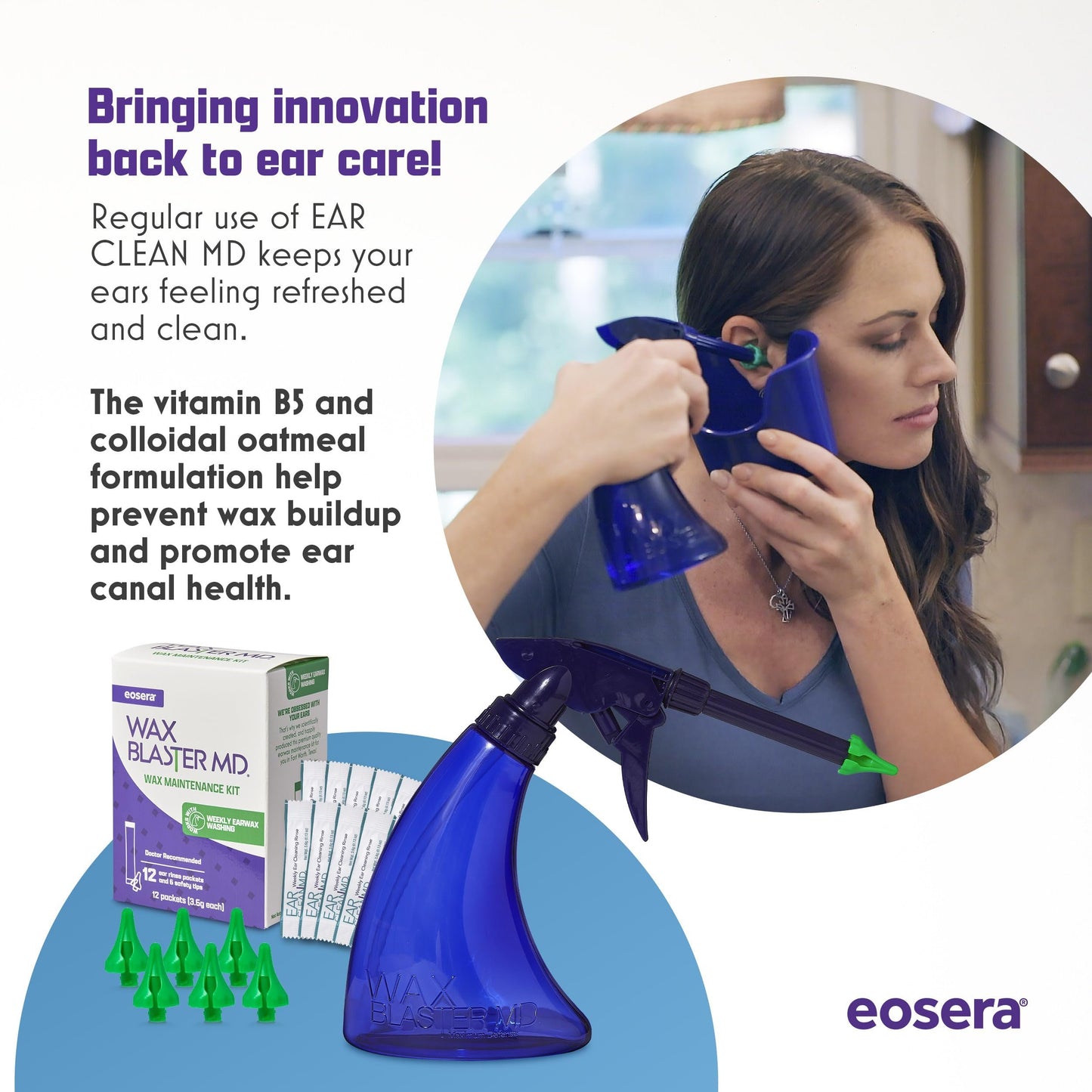 eosera® Wax Blaster MD® Refill Pack - 12 Ear Clean MD® Packets & 6 Wax Blaster MD® Safety Tips - Gentle Ear Wax Removal Solution - Weekly Ear Cleaning & Moisturizing System