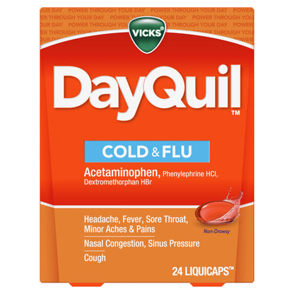 Vicks DayQuil LiquiCaps, Cough, Cold & Flu Relief, Sore Throat, Fever, & Congestion Relief, Non- Drowsy, 24 LiquiCaps