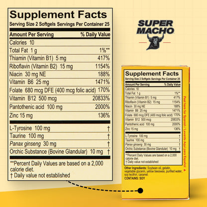 Super Macho, High Potency B Vitamins and Amino Acids, Fuel for Today's Active Men, No Caffeine, No Sugar, Dietary Supplement, Made in USA,50 Softgels