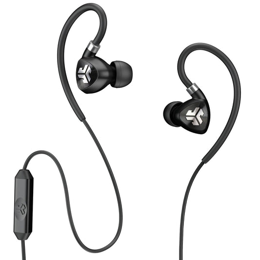 JLab Audio Fit2 Sport Wired Earbuds | Sport Fit with Customizable Memory Wire Earhook | IPX5 Waterproof & Sweatproof | C3 Sound with Titanium Drivers | Black
