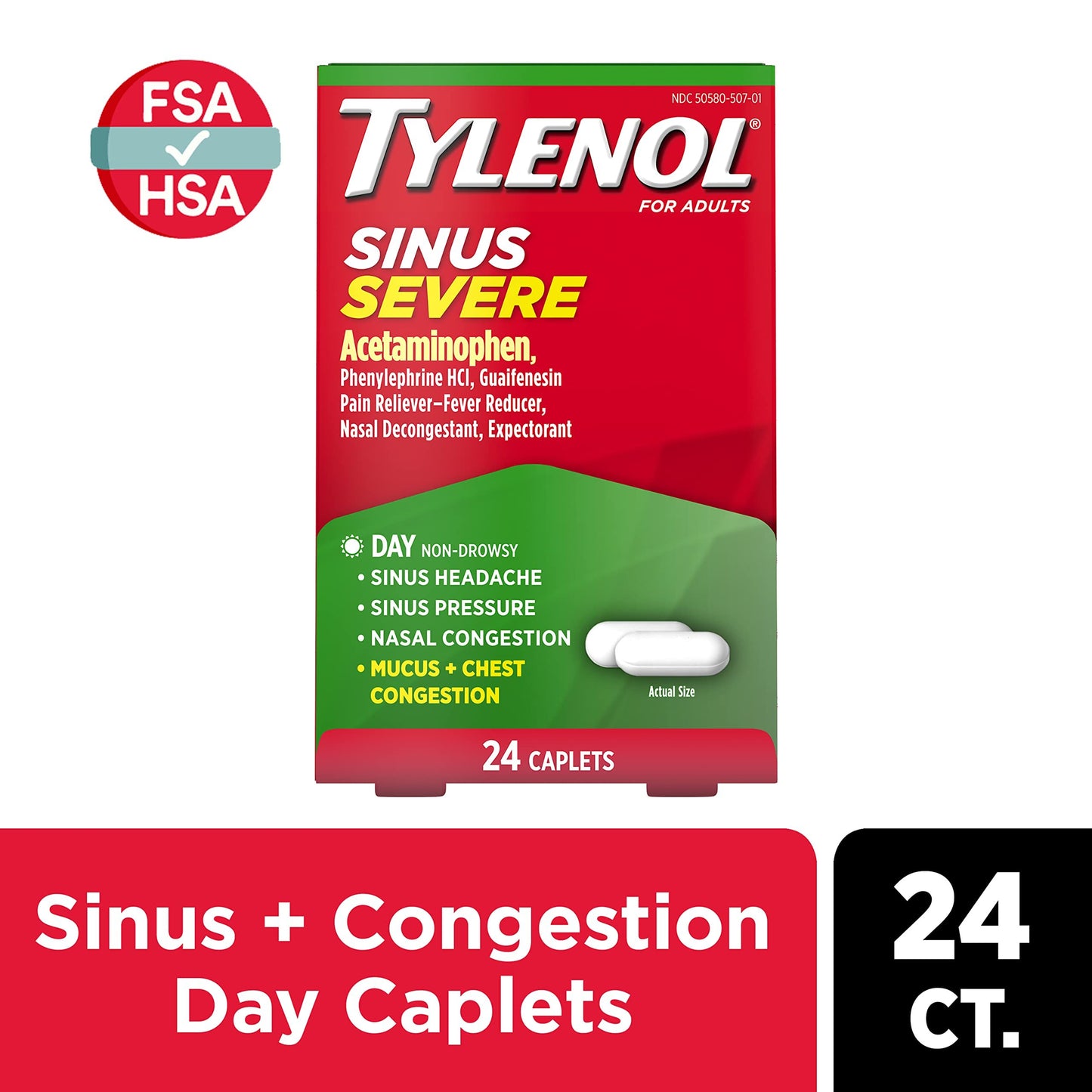 Tylenol Sinus Severe Daytime Caplets with Acetaminophen, Guaifenesin & Phenylephrine HCl, 24 ct