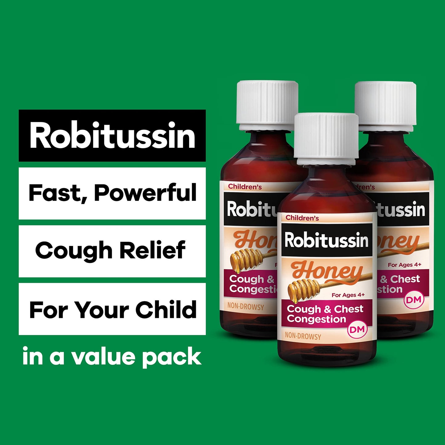 Children's Robitussin Honey Cough and Chest Congestion DM, Children's Cough Medicine Made with Real Honey for Flavor - 4 Fl Oz x 3