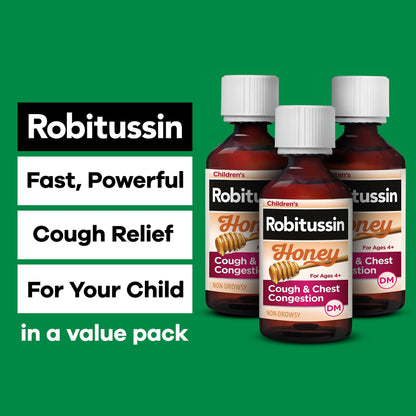 Children's Robitussin Honey Cough and Chest Congestion DM, Children's Cough Medicine Made with Real Honey for Flavor - 4 Fl Oz x 3