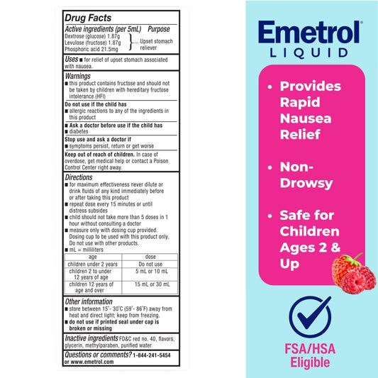 Emetrol Children's Non-Drowsy Liquid Nausea Relief - Upset Stomach Medicine - Nausea Relief for Kids - Mixed Berry Flavor - 4fl oz, 2 Pack