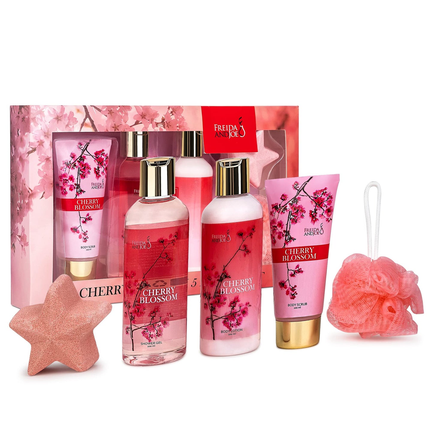Freida & Joe Fragrance Bath & Body Collection Gift Box, Includes Shower Gel, Body Lotion, Body Scrub, Bath Bomb & Sponge