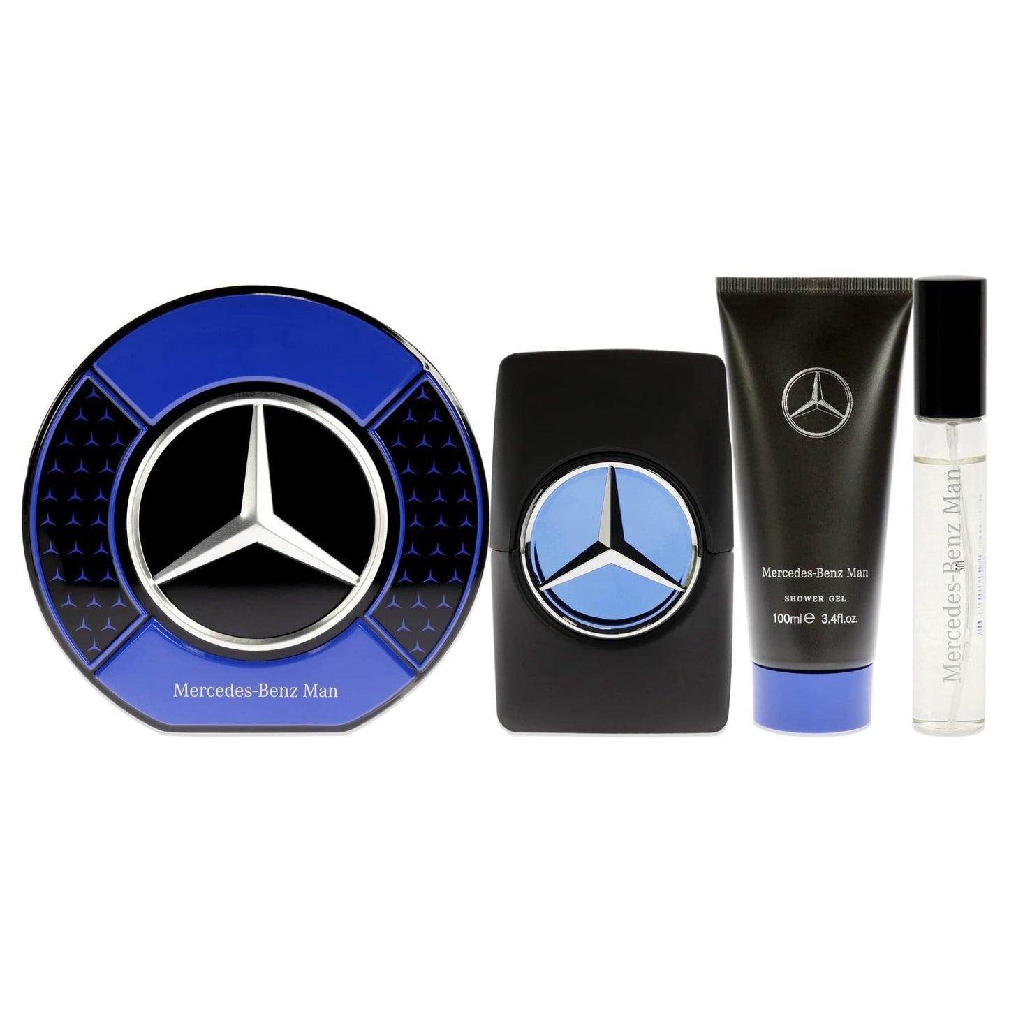 Mercedes Benz Man Gift Set Perfumes for Men - Contains 0.5 oz and 3.4 oz of EDP Spray and 3.4 oz of Shower Gel - Aromatic Woody Fruity Scents - Opens with Notes of Ambrette Seeds and Pear - 3 pc