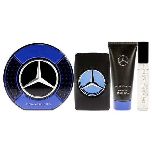 Mercedes Benz Man Gift Set Perfumes for Men - Contains 0.5 oz and 3.4 oz of EDP Spray and 3.4 oz of Shower Gel - Aromatic Woody Fruity Scents - Opens with Notes of Ambrette Seeds and Pear - 3 pc