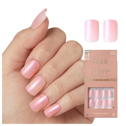 KISS Bare But Better, Press-On Nails, Nail glue included, Spicy', Light Pink, Short Size, Squoval Shape, Includes 30 Nails, 2G Glue, 1 Manicure Stick, 1 Mini File