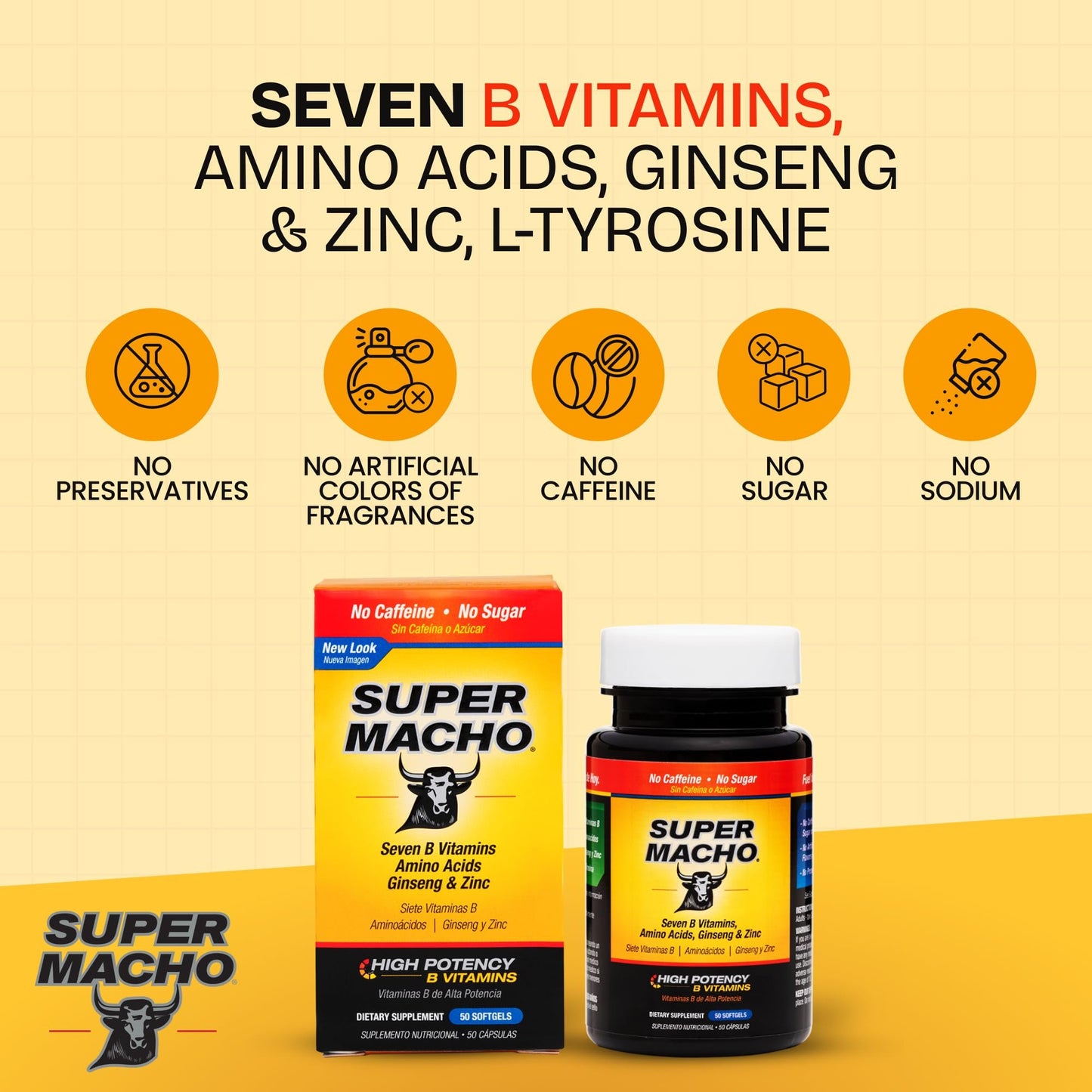 Super Macho, High Potency B Vitamins and Amino Acids, Fuel for Today's Active Men, No Caffeine, No Sugar, Dietary Supplement, Made in USA,50 Softgels