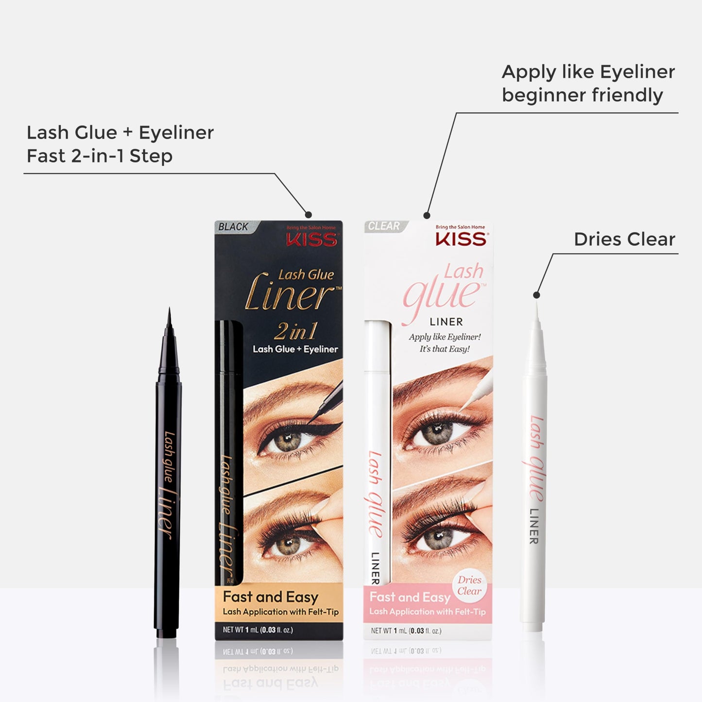KISS Lash Glueliner, Eyeliner Lash Glue, 2-in-1 Felt-Tip Eyeliner and Lash Adhesive, Includes 1 Glue Liner, Long Lasting Wear, Can Be Used with Strip Lashes and Lash Clusters