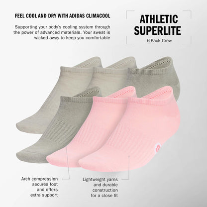 adidas Women's Classic Superlite Low-Profile No Show Socks (6-Pair) with Arch Compression for Non-Slip Fit and Breathable Comfort