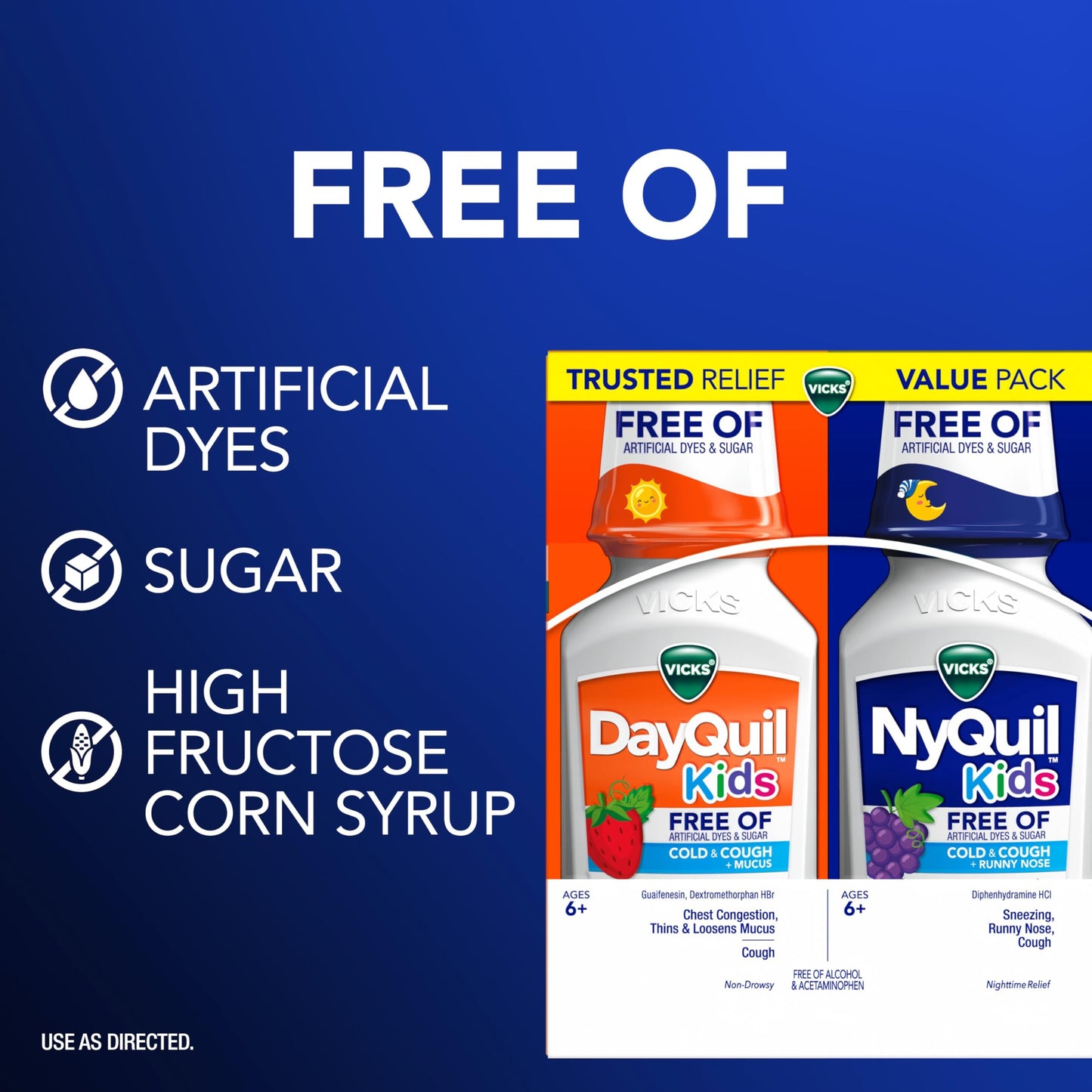 Vicks Kids DayQuil & NyQuil Cold & Cough Relief Liquid Co-Pack, Free of Artificial Dyes & Sugar, Multi-Symptom Relief of Cough, Sneezing, Runny Nose, Mucus, and Chest Congestion, for Ages 6+, 2x6oz