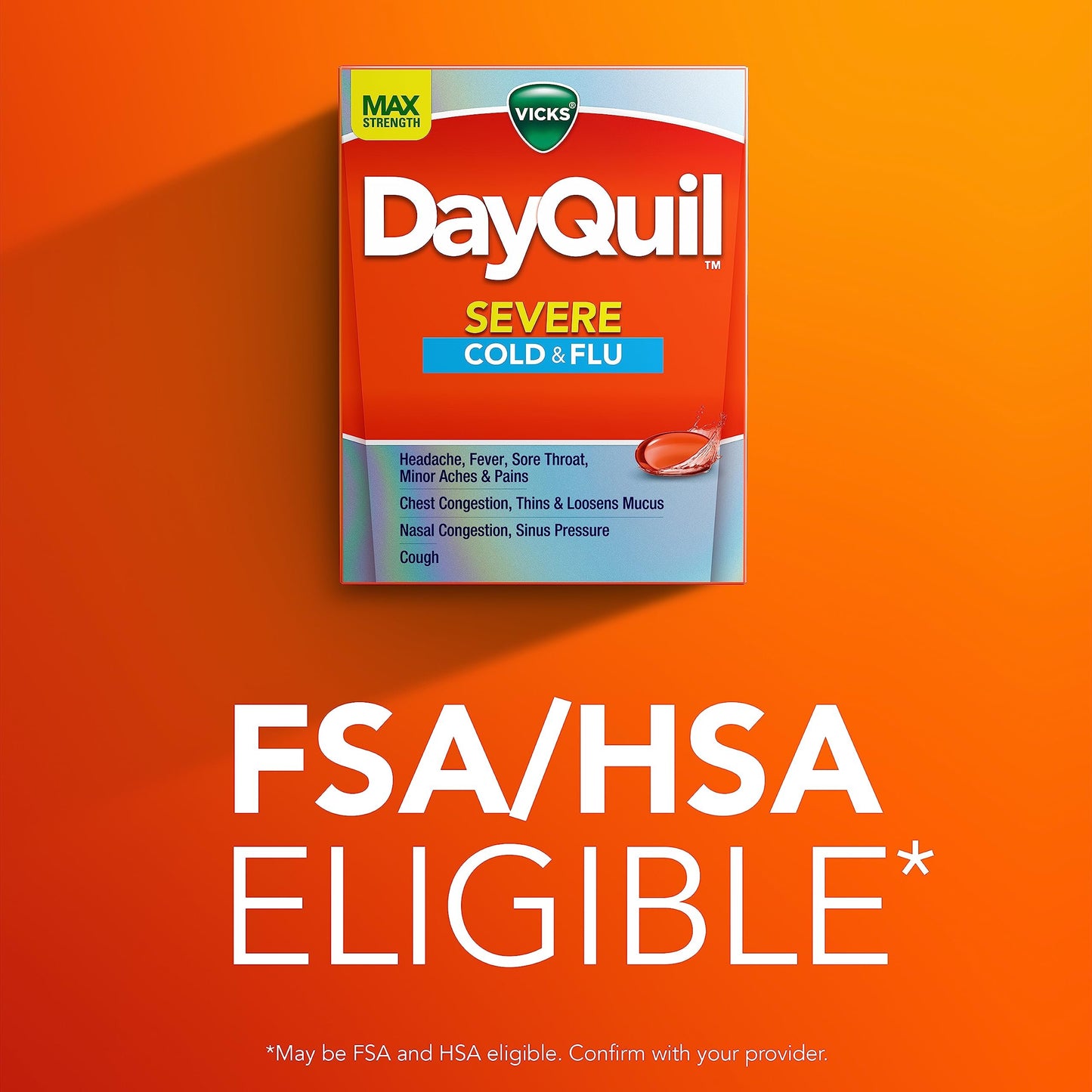 Vicks DayQuil Severe Cold, Flu & Congestion Medicine, Liquicaps, Maximum Strength Orange, 24 Count