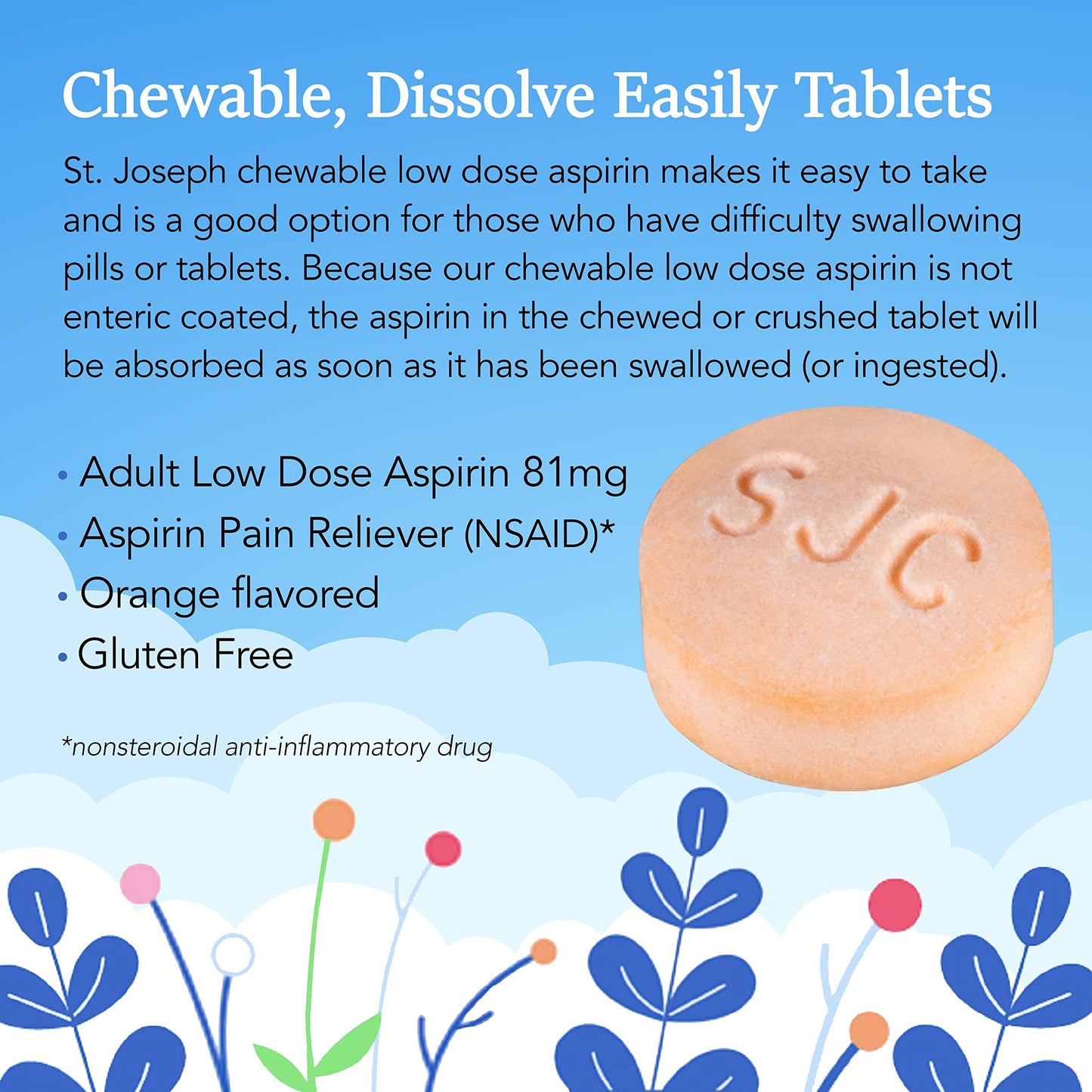 St. Joseph Aspirin Pain Reliever (NSAID) 81mg, Chewable Orange Tablets, Adult Low Dose Regimen, 36 ct
