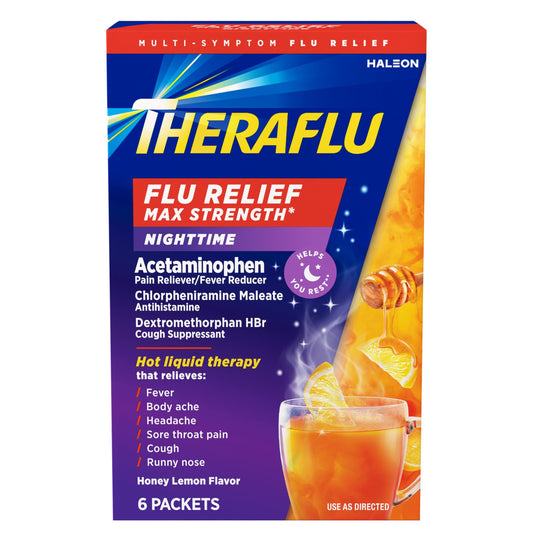 Theraflu Max Strength Nighttime Flu Medicine for Flu Symptom Relief with Acetaminophen, Dextromethorphan HBr, and Chlorpheniramine Maleate, Honey Lemon Flavored - 6 Powder Packets